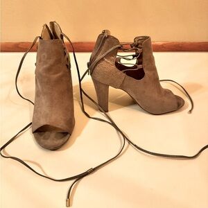 Gray heels, lace up front, light worn